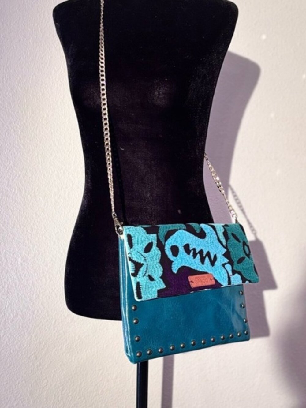 Draco Teal Embroidered Floral Leather Crossbody Bag